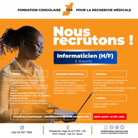 La Fondation Congolaise pour la Recherche Médicale recrute un(e) Informaticien(ne)