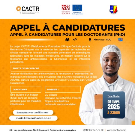 CACTR - APPEL À CANDIDATURES POUR LES DOCTORANTS EN RECHERCHE CLINIQUE EN RÉPUBLIQUE DÉMOCRATIQUE DU CONGO