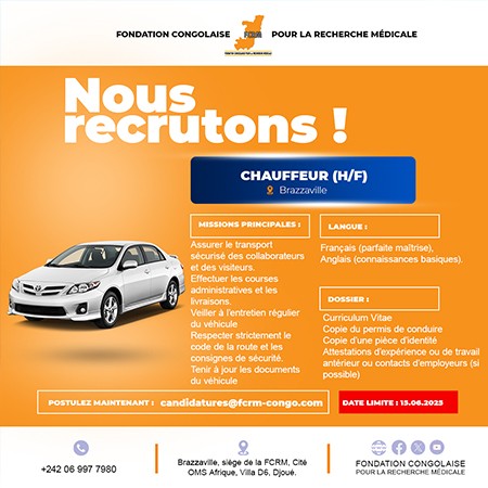 La Fondation Congolaise pour la Recherche Médicale recrute un(e) Chauffeur(se) Professionnel(le)
