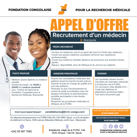 La Fondation Congolaise pour la Recherche Médicale recrute un(e) Médecin